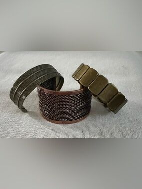 Set of Three Metal Cuff Bracelets - Bronze, Antique Gold, Dark Brass